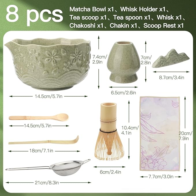 VENSEEN Matcha Whisk Set with Japanese Ceramic Bowl & Whisk, 8-Piece