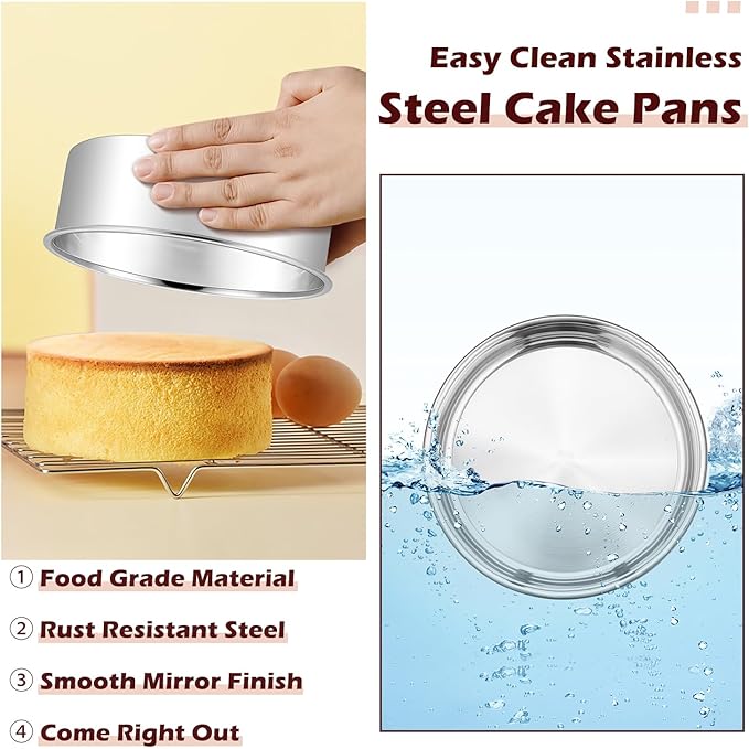 LIANYU 6 Inch Cake Baking Pan Set of 4, Stainless Steel Round Cake Bake Pan
