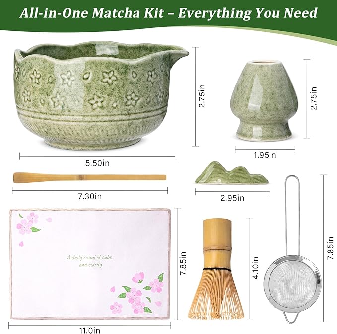 ALBISS Matcha Whisk Set, 7Pcs Ceramic Matcha Kit with Cherry Blossom Design