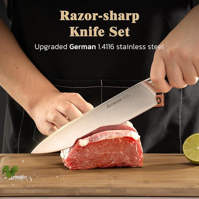 Astercook Knife Set, Kitchen Knives Set with Block and Sharpener Full Tang 17 Pcs German Stainless Steel Knives Sharp Blade Dishwasher Safe Premium Knife Set, Black Father Day Gifts for Men