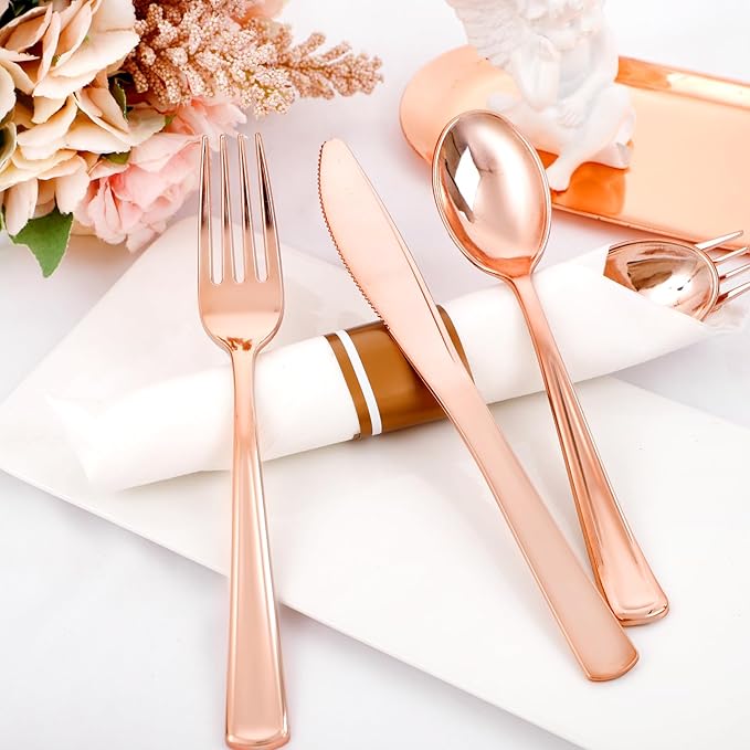 Liacere 100Pack Rose Gold Plastic Silverware - Pre Rolled Napkins with Rose Gold Cutlery - Wrapped Silverware Set Disposable100 Forks Knives Spoons Wrapped Utensils for Wedding ＆ Party