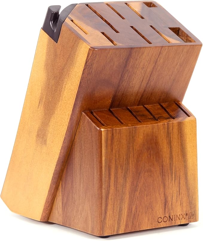 Coninx Knife Block with Built-In Sharpener – 15 Slot Acacia Wood Knife Holder for Kitchen Counter – Non-Slip Wooden Knife Organizer Stand for Chef & Bread Knives