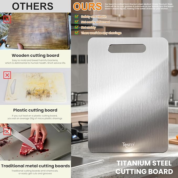 2 Pack Titanium Cutting Board - 100% Pure Titanium Cutting Boards For Kitche,Easy to clean, Double-sided food-grade Cutting Board For Cutting Meats, (15 * 11)