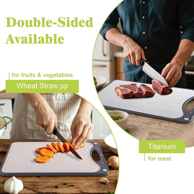 JFDHGOI Titanium Cutting Board,Double Sided Chopping Board,Food Grade Titanium And Wheat Straw PP, Large Size 15”×10” And Easy To Clean,Dark Gray