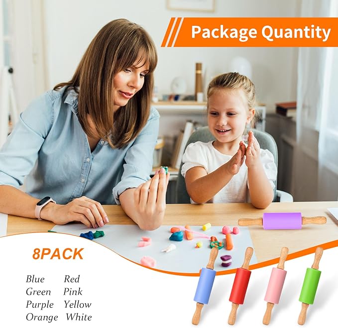 Honglida Mini Silicone Rolling Pin for Kids, Non-stick Surface Wood Handle, 9 Inch 8 Pack