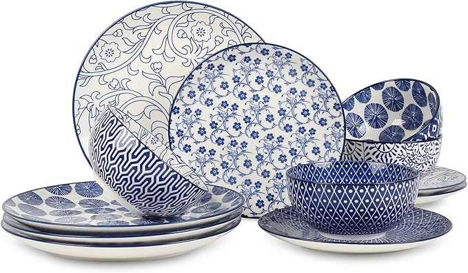 Selamica Ceramic Dinnerware Sets, 12 pcs Plates and Bowls Sets,Vintage Blue