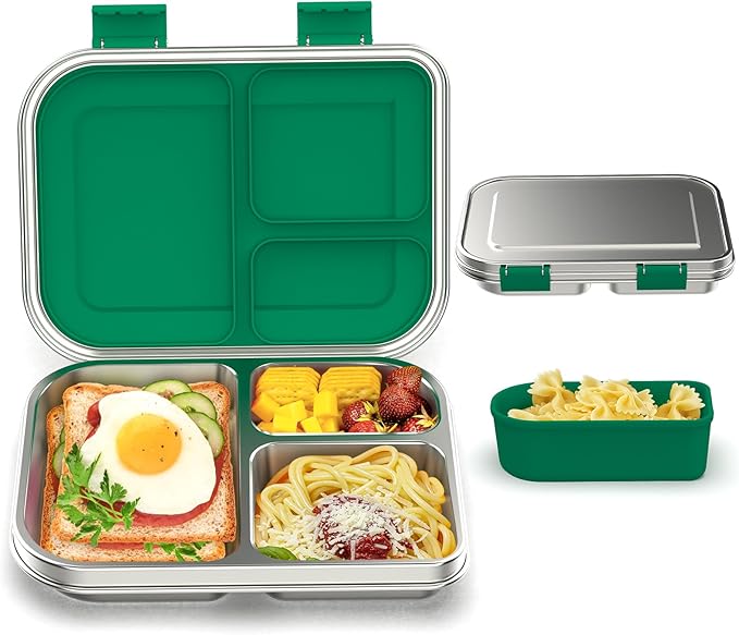 BABHAMNESS Stainless Steel Bento Box Kids, 3 Compartments Leak Proof Metal Bento Lunch Box, 304 Stainless Steel Bento Lunch Containers for School and Office,Dishwasher Safe, BPA-Free-Green