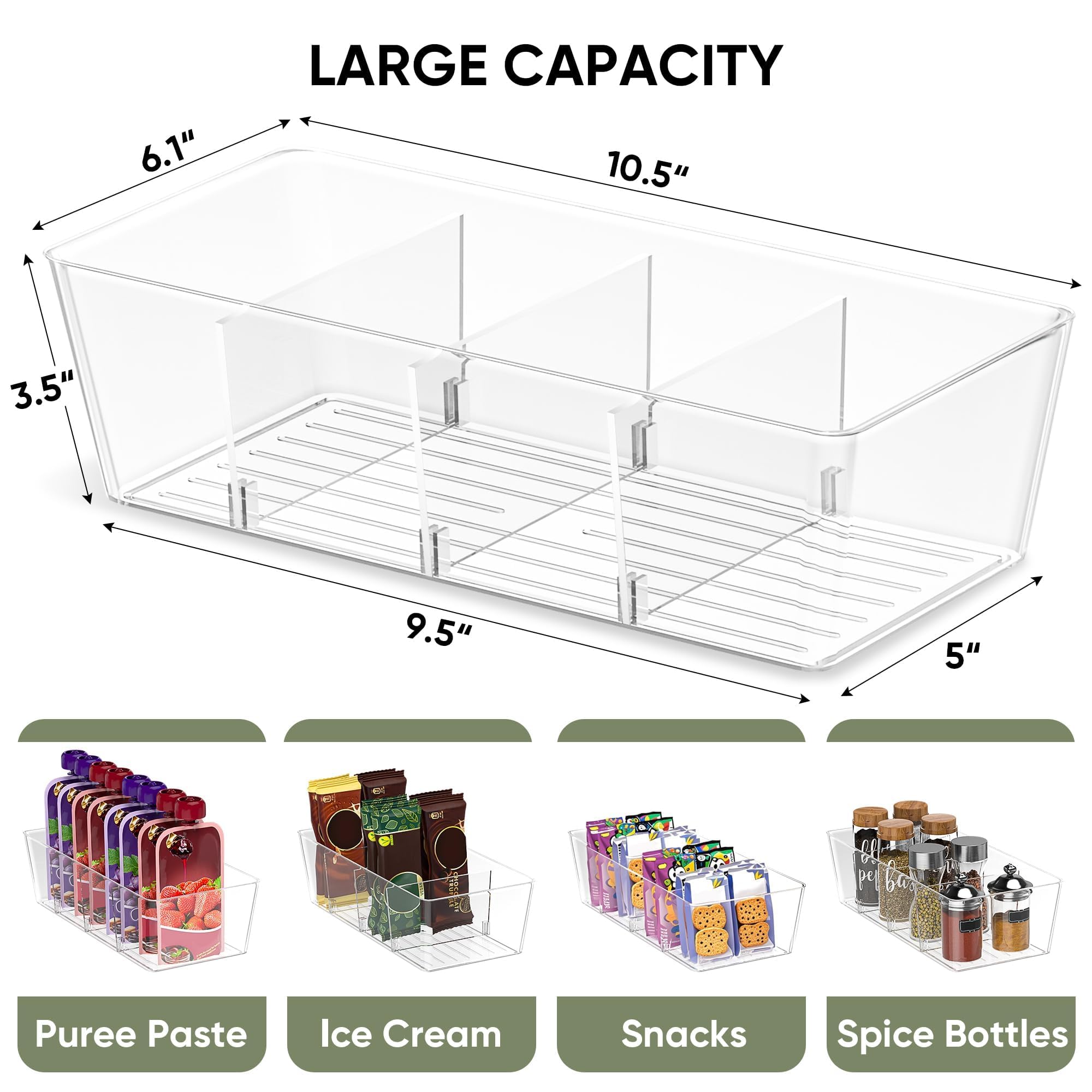 BALEINE Clear Plastic Storage Bins with 3 Removable Dividers, Pantry Organization, BPA Free Stackable Refrigerator Organizers and Storage for Kitchen Fridge Cabinet Bathroom (10.5x6.1x3.5, 4PK)