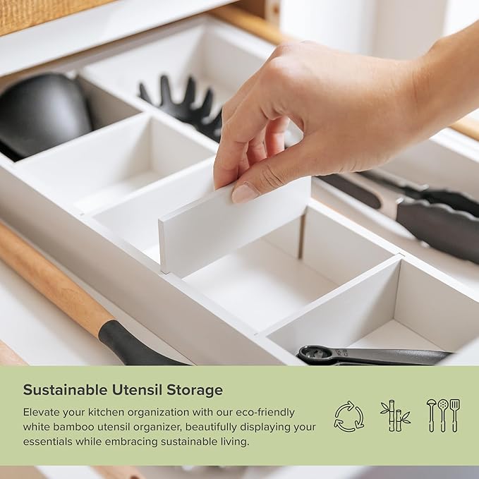 KitchenEdge Utensil & Junk Drawer Organizer, 16-28 in, White Bamboo