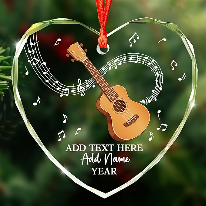 Personalized Ukulele Glass Ornament with Text Name Year, Ukulele Instrument Christmas Tree Ornament, Customized Musical Instrument Christmas Ornaments 2026, Gift for Men Women Music Lover