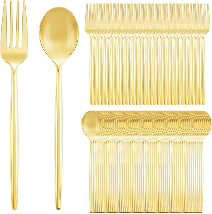 SUT 200PCS Plastic Forks and Spoons Heavy Duty Set, Gold Disposable Silverware, gold Cutlery, Disposable Utensils, Plastic Flatware Includes 100 Forks, 100 Spoons for Party