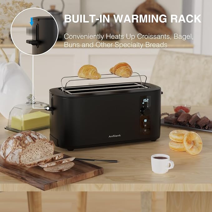 Anfilank Toaster 4 Slice Long Extra Wide Slot 1.5" with Countdown Timer, 6 Browning Settings, Built-in Warming Rack, Bagel/Cancel/Defrost Functions, Removable Crumb Tray-Matteblack