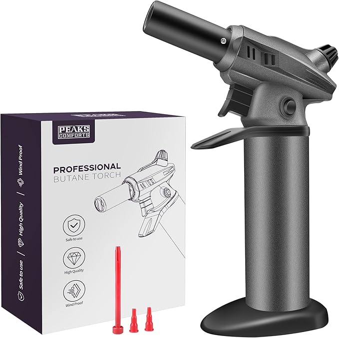 Peaks Comforts Butane Torch Blow Torch Creme Brulee Torch Refillable Butane Torch Lighter Kitchen Torch Cooking Torch for Food Baking Crafts BBQ Creme Brule(Safety Lock & Adjustable Flame)
