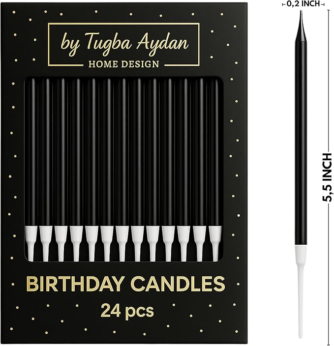 by Tugba Aydan - Black Birthday Candles, 24 Pack, Long Thin Metallic Cake Candles with Holders, Elegant Black Candles for Cakes, Cupcakes & Parties