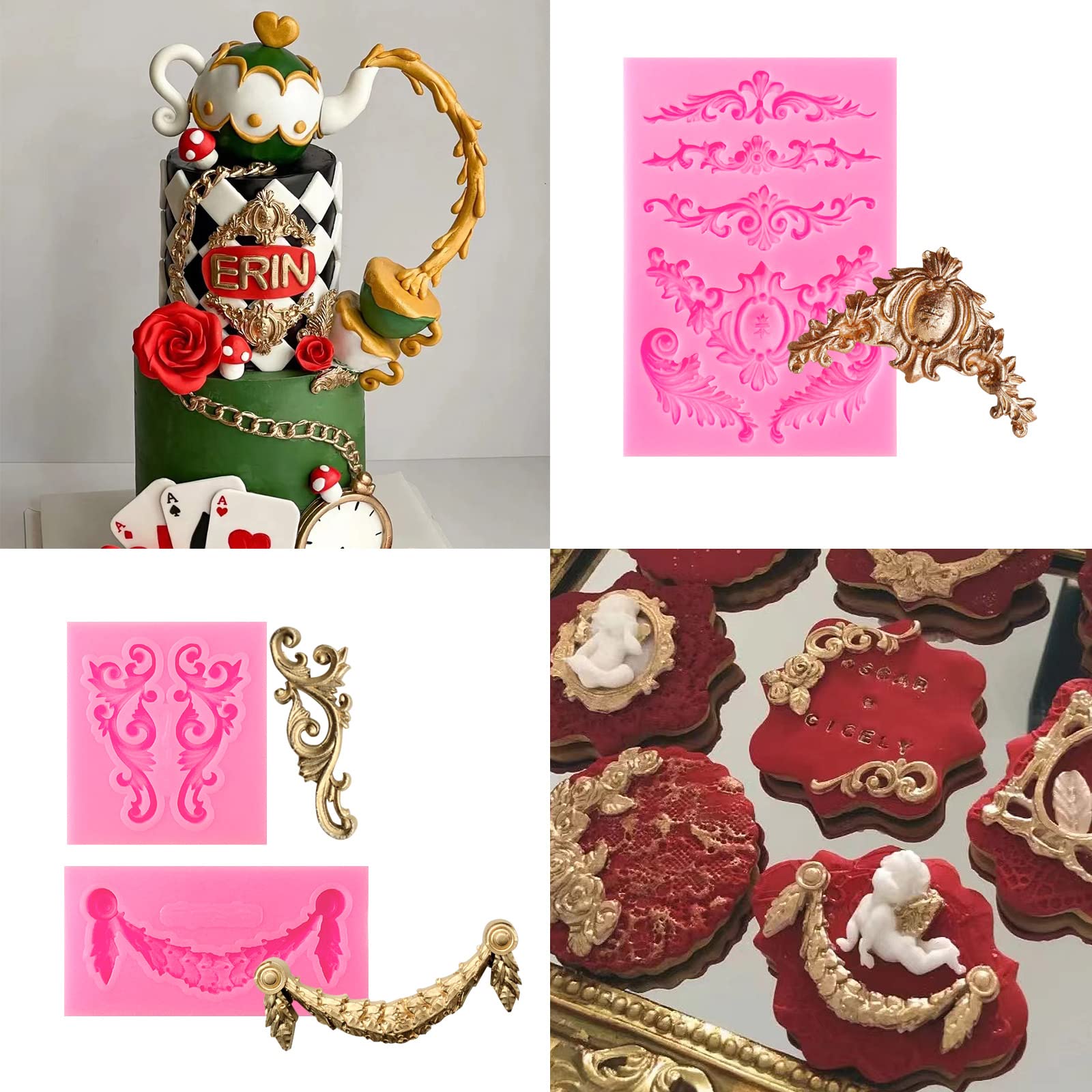 Rainmae 4 Pcs Baroque Fondant Silicone Molds, Relief Flower Lace Chocolate Mould, Scroll Lace Clay Mold, Filigree Mold 3D Sculpted Decoration, Cupcake Topper, Jewelry, Polymer Clay, Crafting Projects