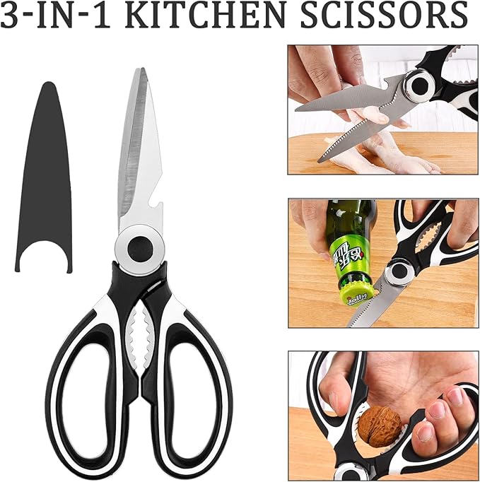 Kitchen Shears 2 Pack Heavy Duty Scissors for Food Poultry Meat Vegetables Fish, Multi‑Purpose Stainless Steel Kitchen Scissors with Seafood Shears, Bottle Opener & Nut Cracker