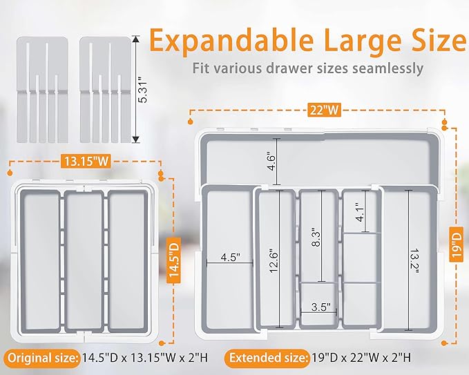 Homecor Large Utensil Organizer for Kitchen Drawer, Expandable Silverware Drawer Organizer Cooking Tray, Cutlery and Flatware Utensil Holder Kitchen Spatula Tools Storage with 3 Dividers, Grey