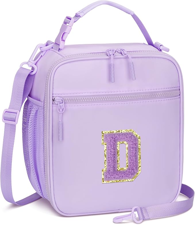 CLOUDWINGS Initial Insulated Lunch Bag for Girls Kids, Back to School Gift, Reusable Leak-proof Lunch Box with Adjustable Strap for School Daycare Travel Picnic (Purple,D)