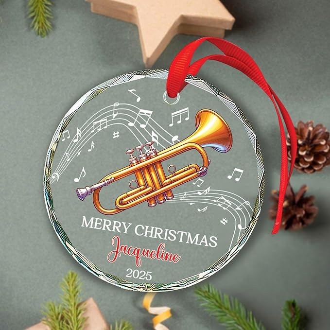 Personalized Text & Name Trumpet Instrument Christmas Glass Ornament, Musical Instrument Xmas Ornament Gifts for Trumpet Player, Custom Trumpetist Christmas Keepsake, Music Lover Glass Ornaments 2026