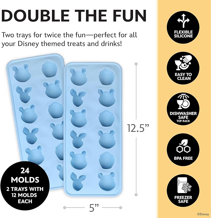 Disney Winnie the Pooh Silicone Ice Cube Tray, 2-Pack 5"x12.5", BPA-Free