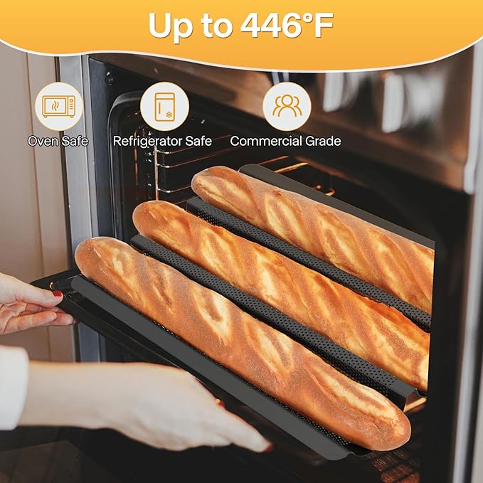 Barlket Baguette Bread Pan Kit, Perforated Nonstick 3 Loaf Bread Pan, Black
