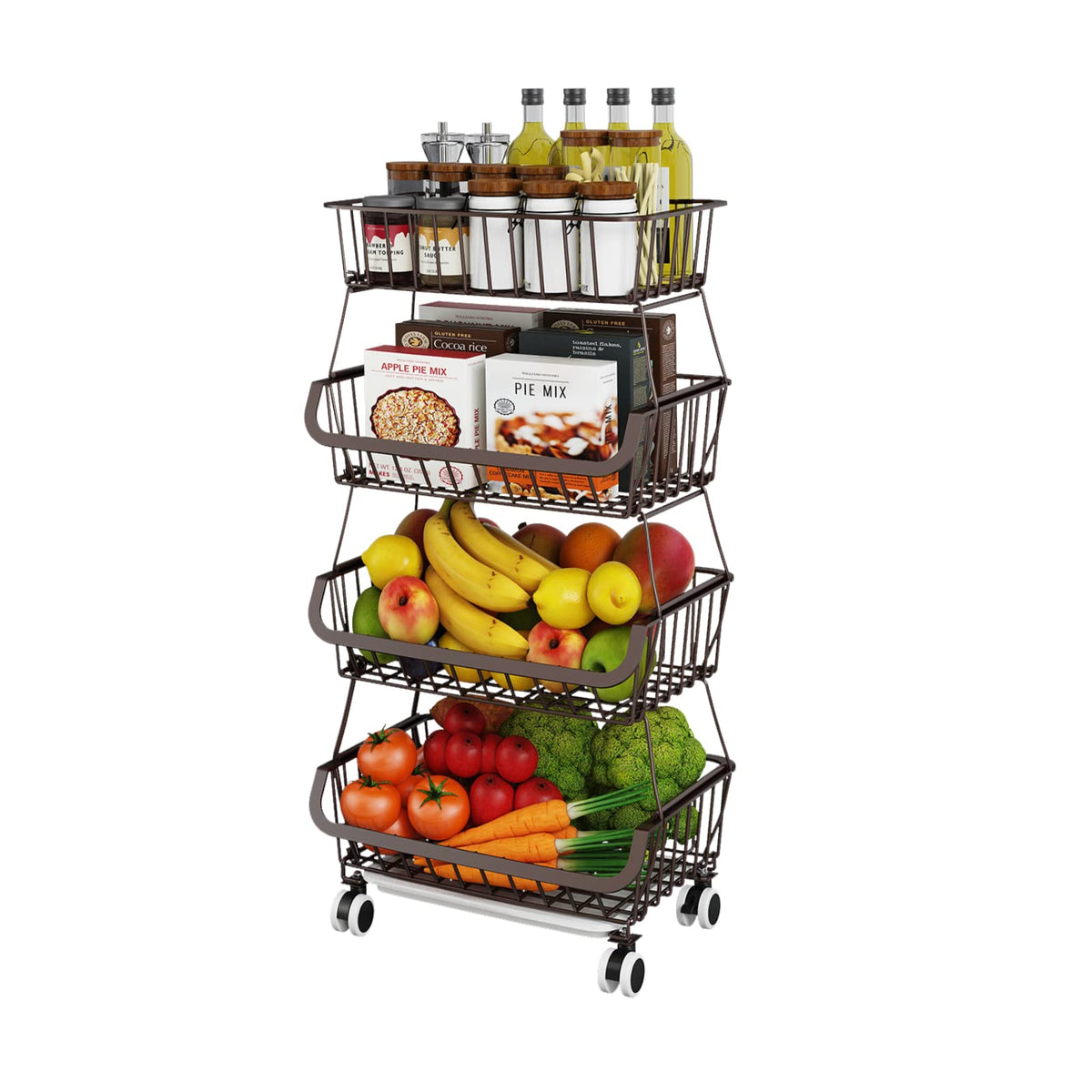 Miyawell Fruit Vegetable Storage Basket for Kitchen - 4 Tier Stackable Metal Wire Baskets Cart with Rolling Wheels Utility Fruits Rack Produce Snack Organizer Bins for Pantry Bathroom Laundry Bronze