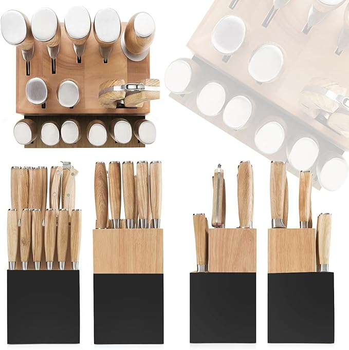 Kangdelun Ultra Sharp 15-Piece Kitchen Knife Set, High Carbon Stainless Steel Blades, Torrefied Natural Wood Handles, Ergonomic Design, Space-Saving Black-Finished Wood Block, Easy Hand Wash, Gift Box
