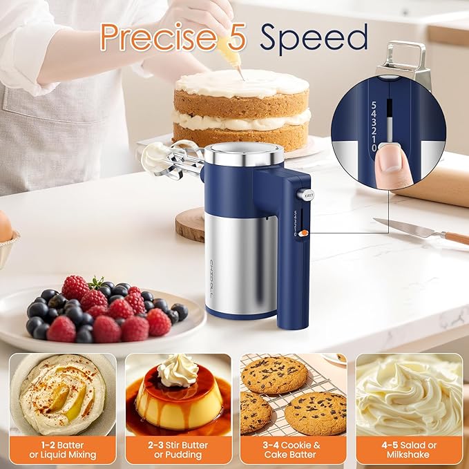 CHIDOLL 600W Hand Mixer, 5-Speed Electric Hand Held Mixer for Baking, Lightweight Stainless Steel Hand Beaters *2 & Dough Hooks*2 with Eject Button, Kitchen Mixer for Cream, Cookies, Dough