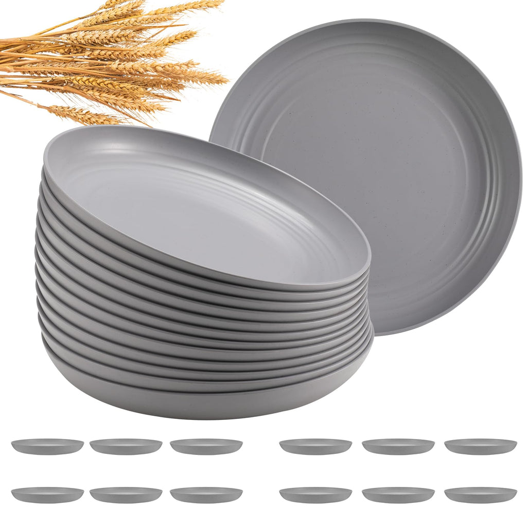HEYCOME 12 Pcs Unbreakable Deep Dinner Plates Set, 10 inch Reusable Plastic Wheat Straw Plates, Microwave and Dishwasher Safe Plate for Kitchen, Lightweight Plate for Dessert, BPA Free, Gray