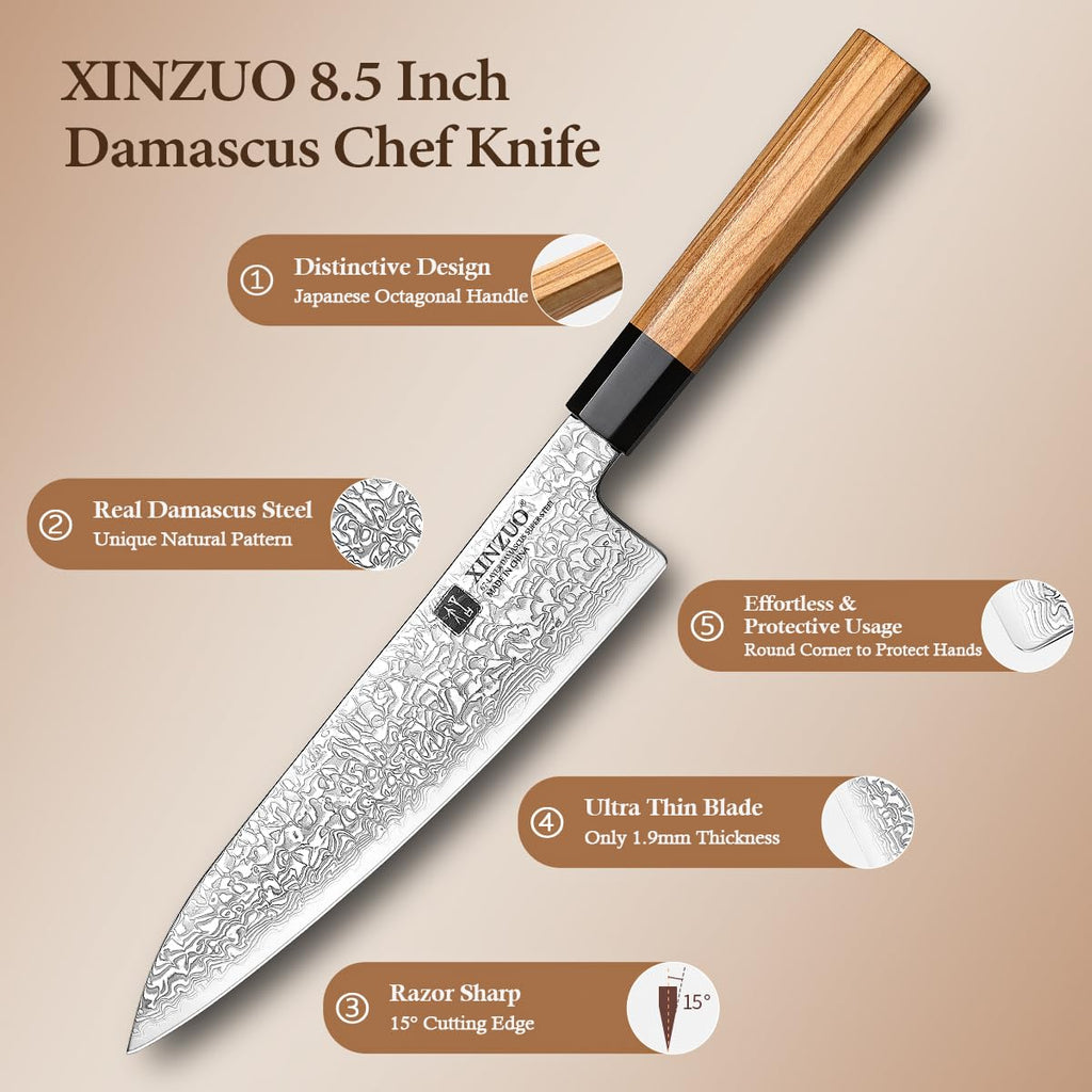 XINZUO 5 Pieces Kitchen Knife Set without Block, Hand Forged 67 Layers Damascus Steel Professional Chef Knife Set,Ultra Sharp,Olive Wood Octagonal Handle