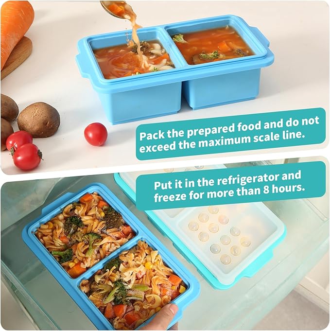 EuChoiz 2 Pack Silicone Freezer Tray Cubes 2 Cup with Date Mark Lids for Freezing Food Leftovers Sauces Portion and Lasagna Broth, Soup Freezer Molds for Meal Prepping Thick Enough