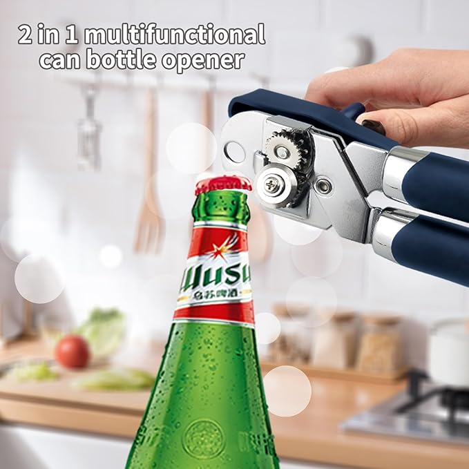 Safring Can Opener Manual, Handheld Strong Heavy Duty Stainless Steel Can Opener, Comfortable Handle, Sharp Blade Smooth Edge, Can Openers with Multifunctional Bottle Opener, Blue