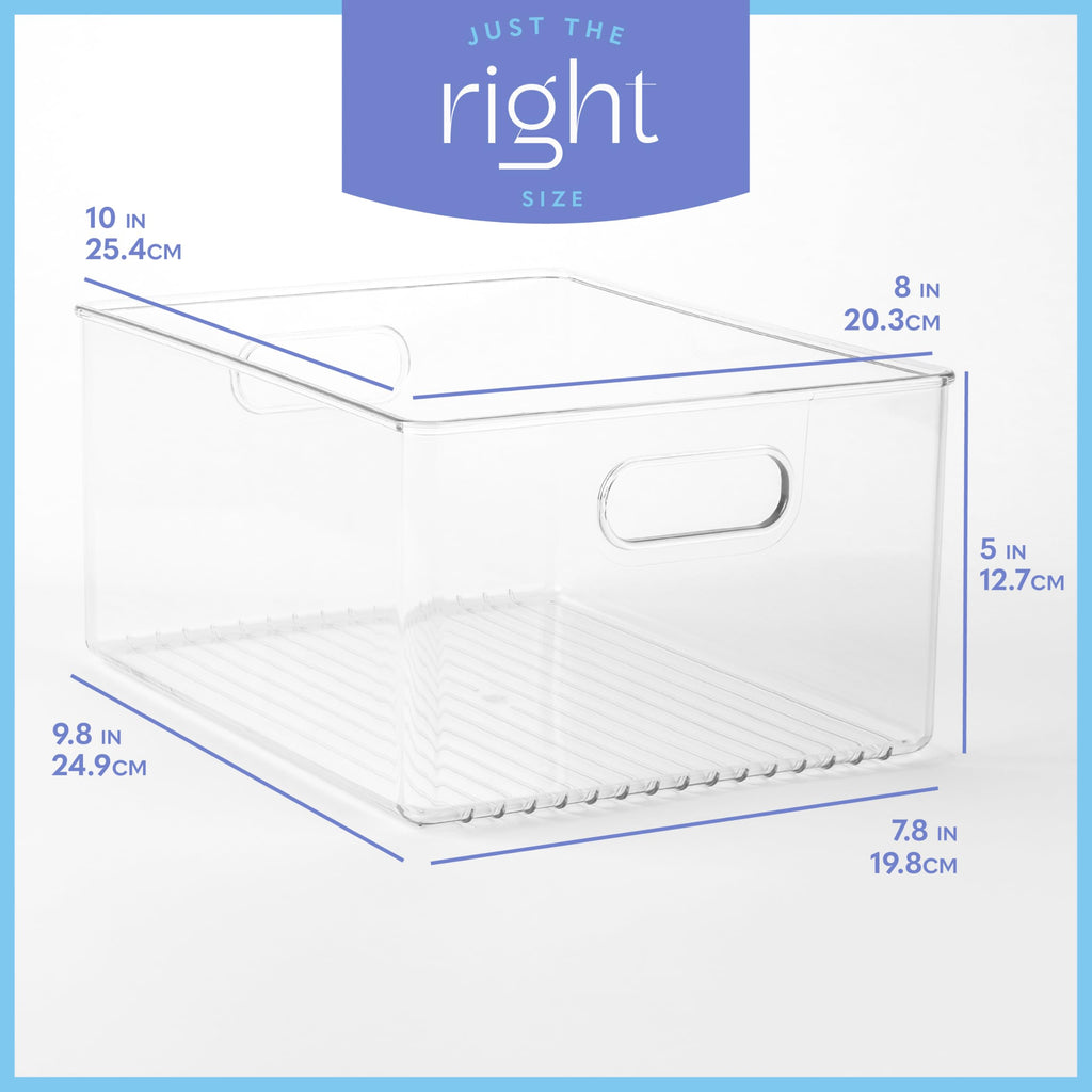 Plastic Food Storage 6 Pack Clear Container Bin with Handles for Organizing Kitchen, Pantry, Refrigerator, Freezer, Pantry, Cabinet, Closet, Bathroom 10”x8”x5”