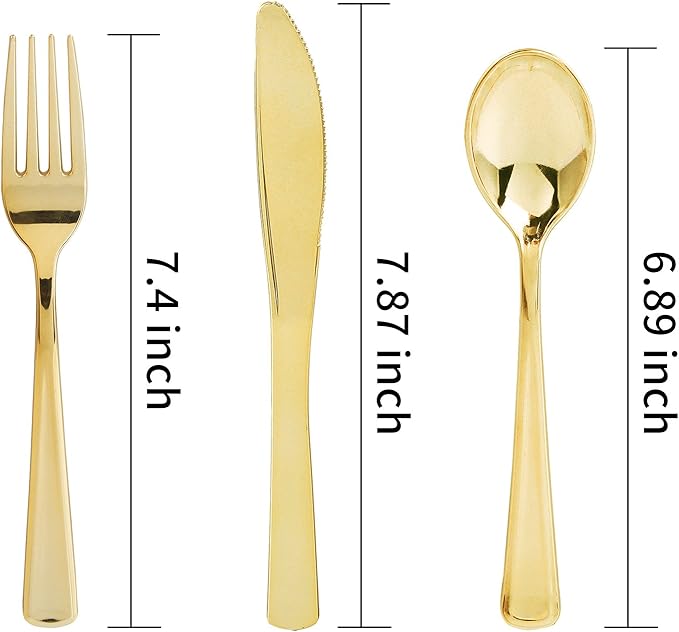WDF300 Pieces Gold Plastic Silverware - Heavy Duty Disposable Cutlery Set Plastic Gold Silverware Set Includes 100 Forks, 100 Spoons, 100 Knives for Party/Baby Shower/Wedding/Birthday