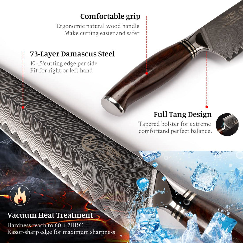 YARENH Knife Set with Magnetic Block 5 Piece, Professional Kitchen Knife Set, 73 Layers Damascus High Carbon Stainless Steel, Natural Sandalwood Handle, Sharp Chef Knife