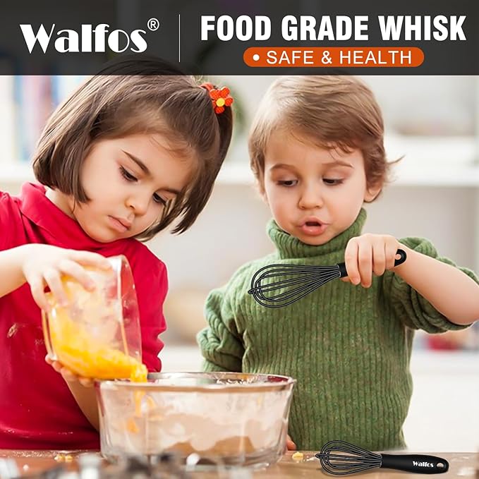 Walfos Whisk 5+7in Mini Whisk,Silicone Whisks Non Scratch Heat Resistant (480°F). Nice for stirring individual eggs and mixing small amounts of powder and sauce.Dishwasher Safe.Black