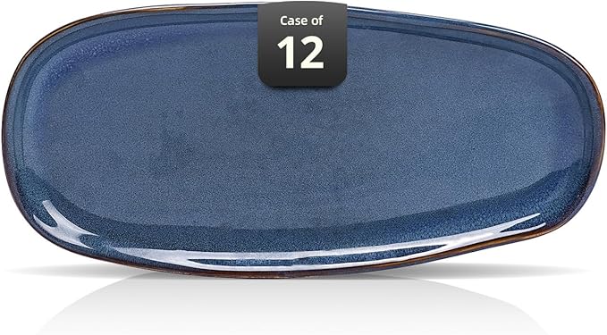 Organic Shape Highland Ceramic Serving Tray, 12pcs 11.625 * 5.125inch Handmade Reactive Glaze Stoneware Tray with Wavy Edge, for Kitchen, Microwave & Dishwasher Safe, Scratch Resistant-Blue