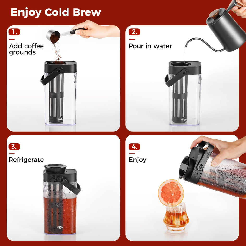 IKAPE 33.8oz Cold Brew Coffee Maker with Removable Filter, Leak-proof Spout for Iced Coffee, Tea & Flavored Drinks, Space Saving Tritan Pitcher
