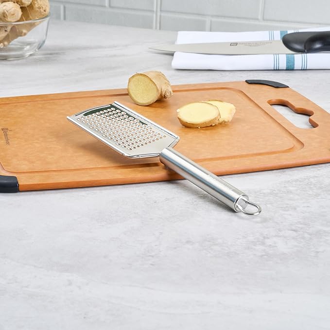 Restaurantware Stainless Steel Fine Cheese Grater - German Standard Lemon Zester with Ergonomic Handle, Sharp Blades, Dishwasher Safe - Handheld Kitchen Grater for Parmesan, Garlic, Ginger