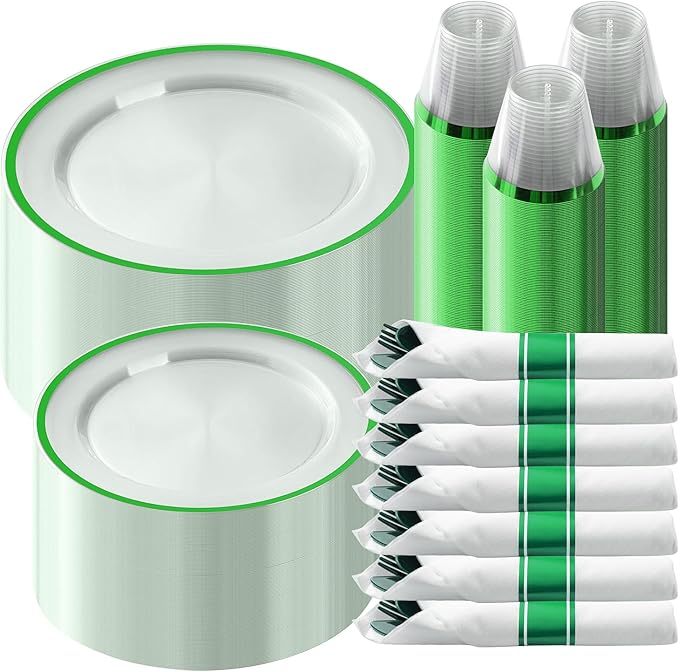 Goodluck 350 Pcs Clear Green Disposable Plastic Dinnerware Sets for 50