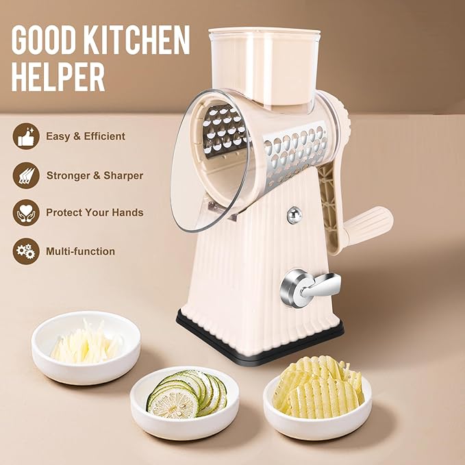 YHBRAK Rotary Cheese Grater with 5 Well-designed Blades & Strong Suction Base, Kitchen Mandoline Vegetable Slicer with Blade Storage Box(Off-white)