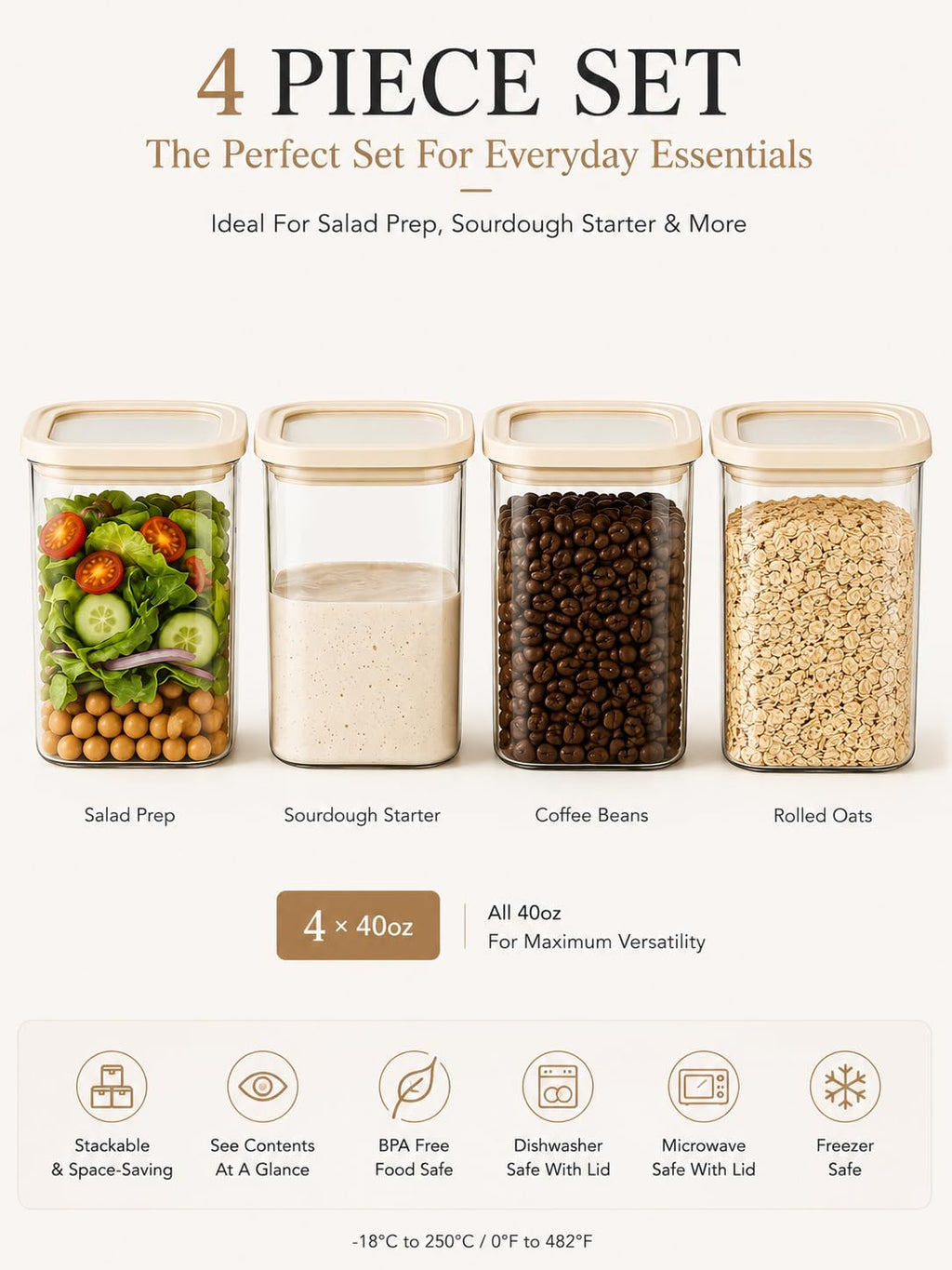 CozNido Square Glass Pantry Storage Containers with Glass Lids 4pcs 40fl.oz