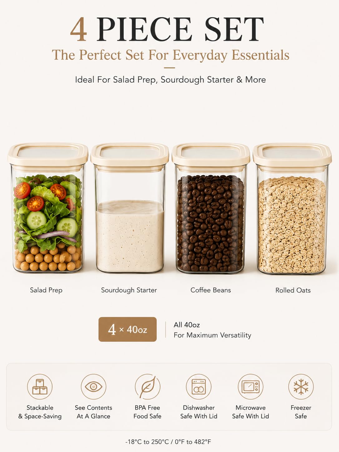 CozNido Square Glass Pantry Storage Containers with Glass Lids 4pcs 40fl.oz