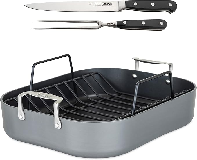 Viking 3-Ply Oval Roasting Pan, 8.5 Quart, Stainless Steel Kitchen Cookware with Metal Induction Lid and Rack, Great for Turkey, Dishwasher and Oven Safe, Silver