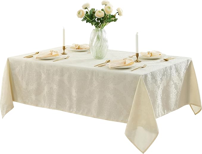 Newbridge Barcelona Luxury Damask Fabric Tablecloth, 60” Wide x 84” Rectangle, Antique White, 100% Polyester, No Iron, Soil Resistant Dining Room, Party and Banquet Table Cover