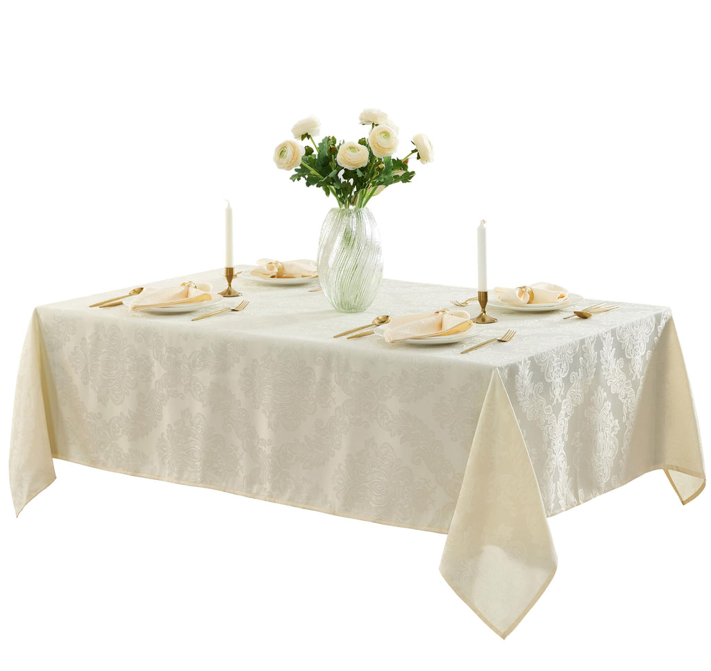 Newbridge Barcelona Luxury Damask Fabric Tablecloth, 60” Wide x 120” Rectangle, Antique White, 100% Polyester, No Iron, Soil Resistant Dining Room, Party and Banquet Table Cover