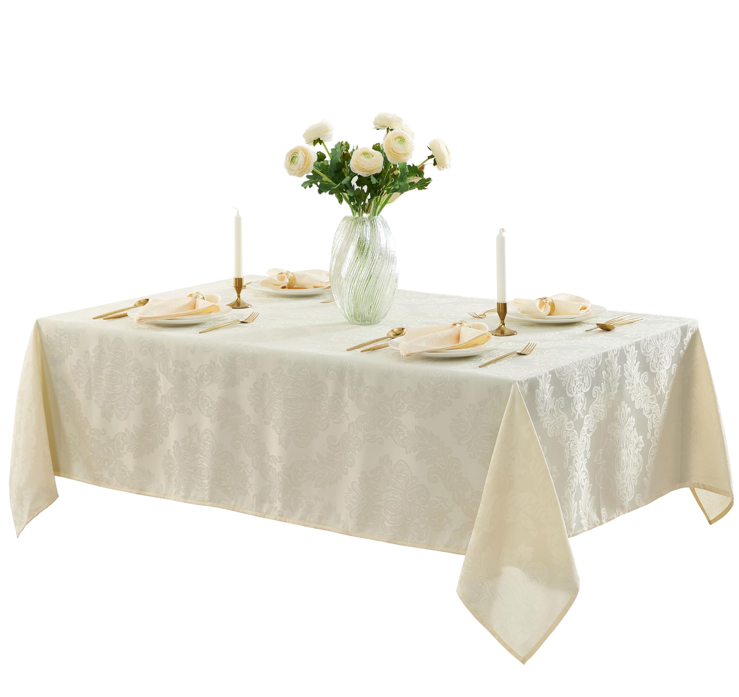 Newbridge Barcelona Luxury Damask Fabric Tablecloth, 52” Wide x 70” Rectangle, Antique White, 100% Polyester, No Iron, Soil Resistant Dining Room, Party and Banquet Table Cover