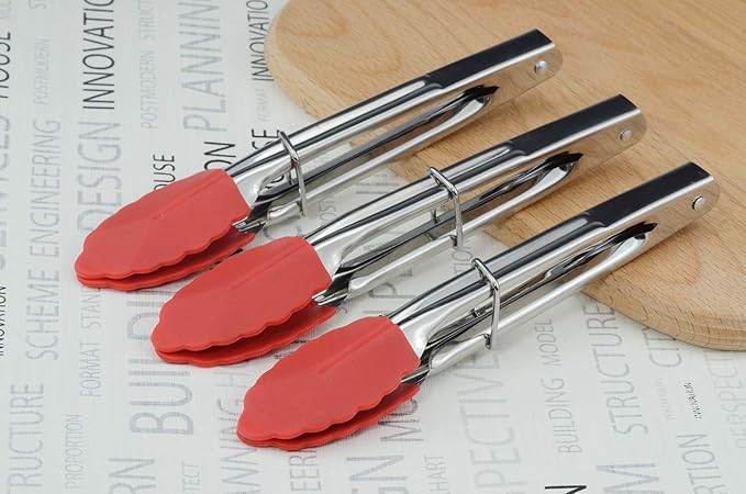 HINMAY Small Tongs with Silicone Tips 7 Inch Kitchen Tongs, Set of 3 (Red)
