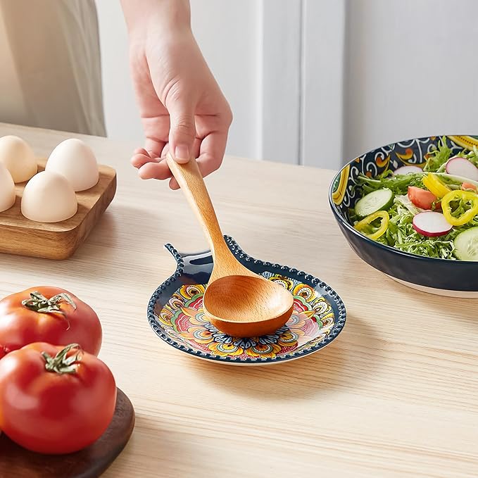 vancasso 7.7 Inch Ceramic Spoon Rest Set of 2, Bohemian Spoon Holder, Dark