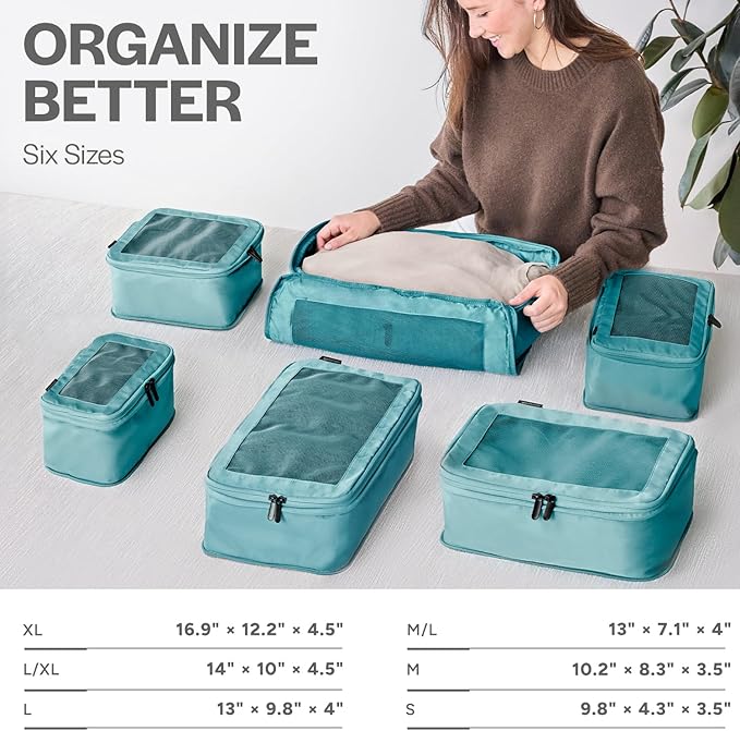 Aerotrunk Compression Packing Cubes for Travel, 6-Pack, Teal